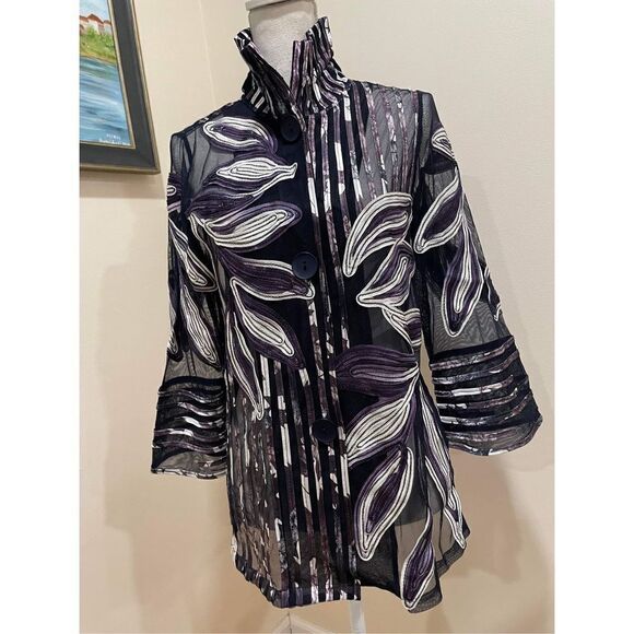 Chico’s Travelers Collection Striped Floral-Embroidered Jacket Size 0 - Picture 5 of 10